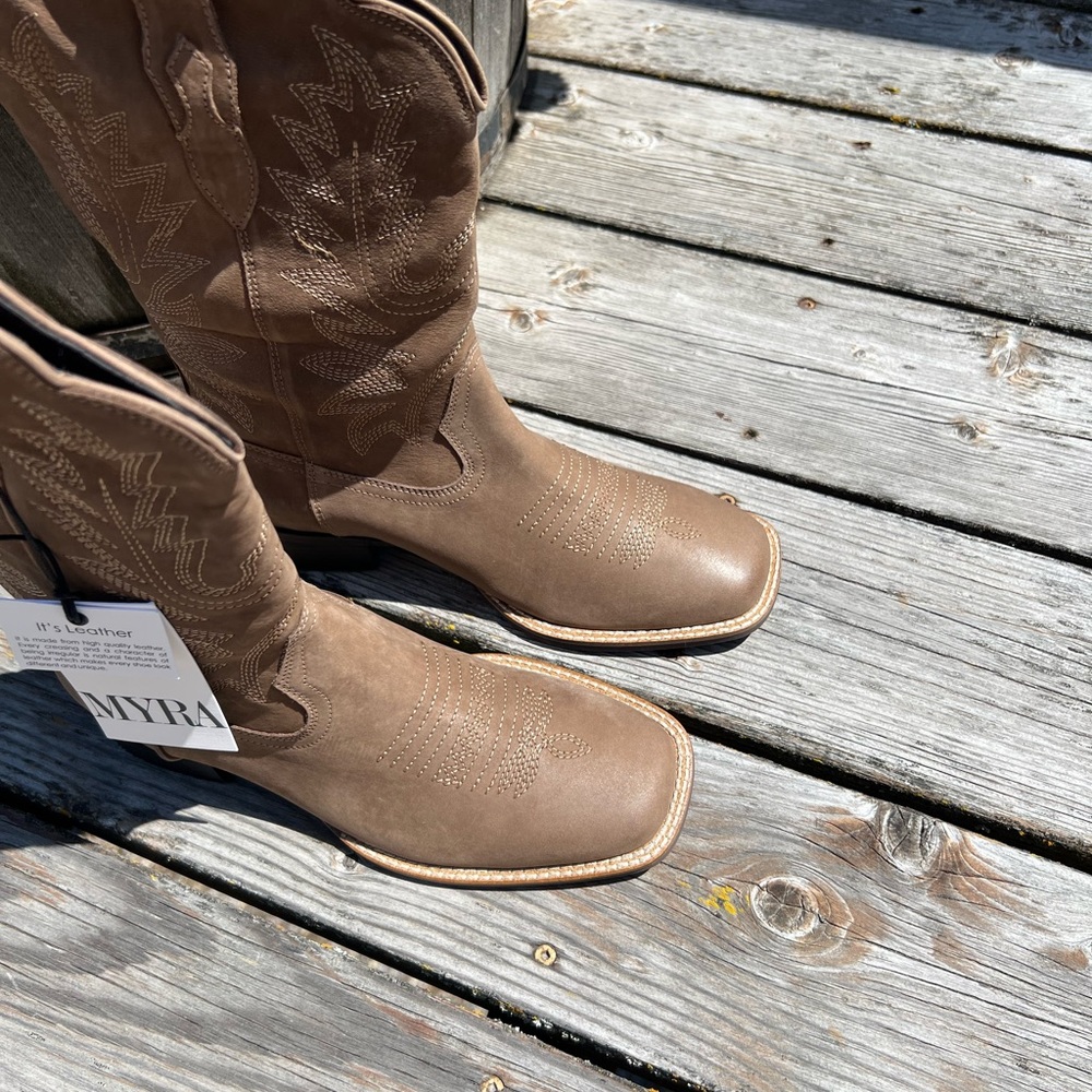 💯Fabulous Genuine Tan Leather Ranch Cowboy Boot Boho Western Shoe Festival New - Picture 7 of 13